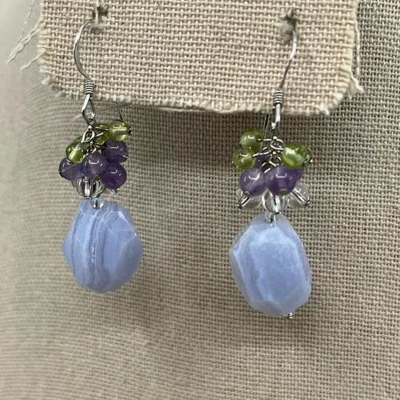 Ross-Simons Blue Agate Amethyst Peridot Quartz Cluster Dangle Earrings 11.6g - Picture 2 of 15